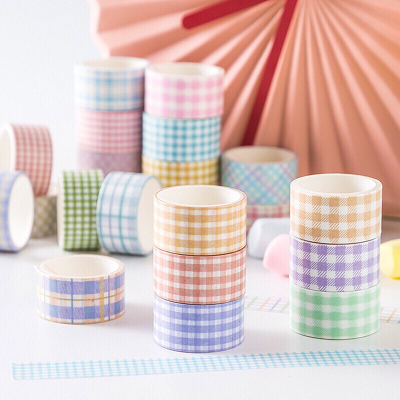 

Set 4 rol selotip isolasi washi masking tape warna pastel motif grid kotak untuk bujo bullet journal