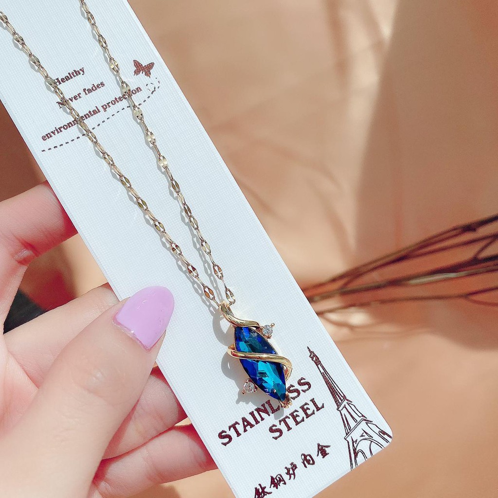 kalung fashion wanita titanium asli anti karat korea style model liontin blue safir zirconia