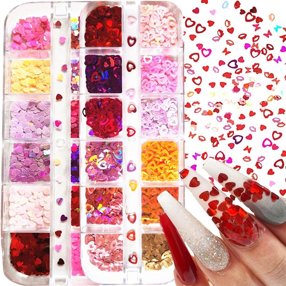 12 Grid / Kotak Sequin Kuku Holografik Bentuk Kupu-Kupu Hati Untuk Hari Valentine