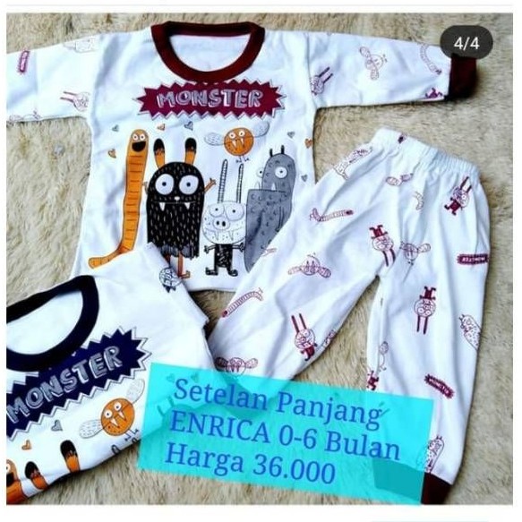 Enrica Setelan Baju Bayi Lengan &amp; Celana Panjang Bahan Kaos Adem Ukuran 0 S M L