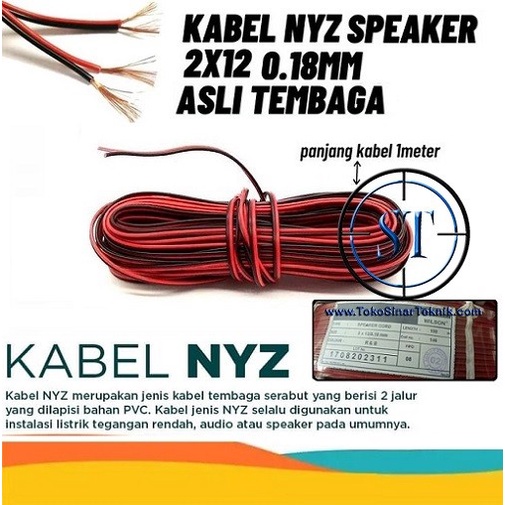 Kabel NYZ 2x12 / 0.18 @ 1Meter Audio Cable Speaker Tembaga  Tweeter Murni panjang 1 Meter