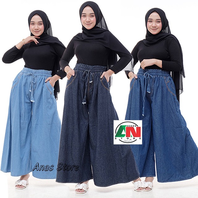 KULOT JEANS JUMBO BIG SIZE XXL , CELANA KULOT WANITA MODEL PAYUNG JUMBO HITAM BLUE BIRU MANIS