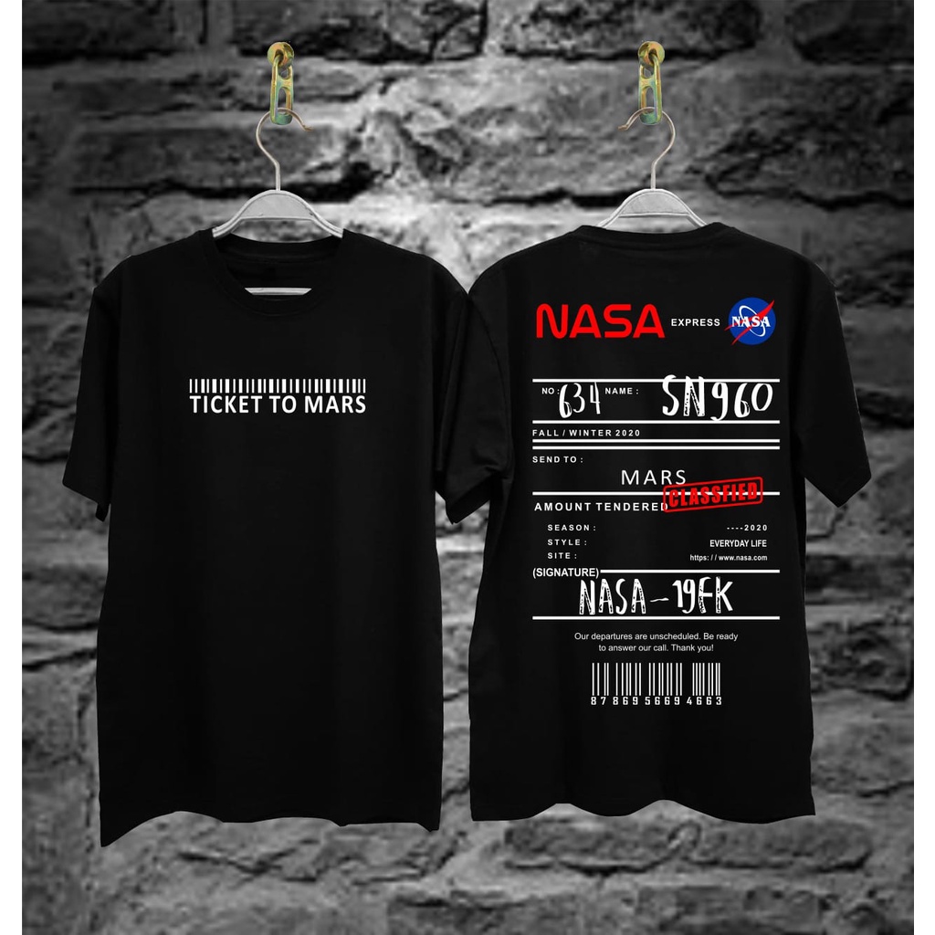 Kaos Distro Pria // Kaos NASA Ticket Warna Putih/Hitam // Baju Pria/Wanita High Quality Cotton Combe