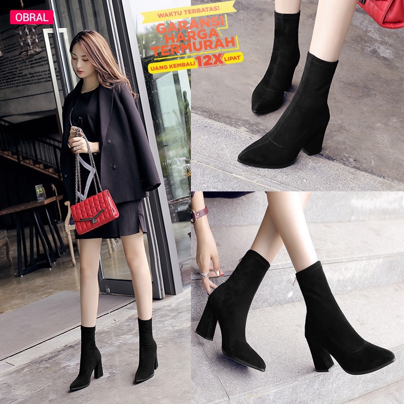 [GaransiHargaTermurah] Sepatu Boots Wanita Model High Heels Pointed Toe