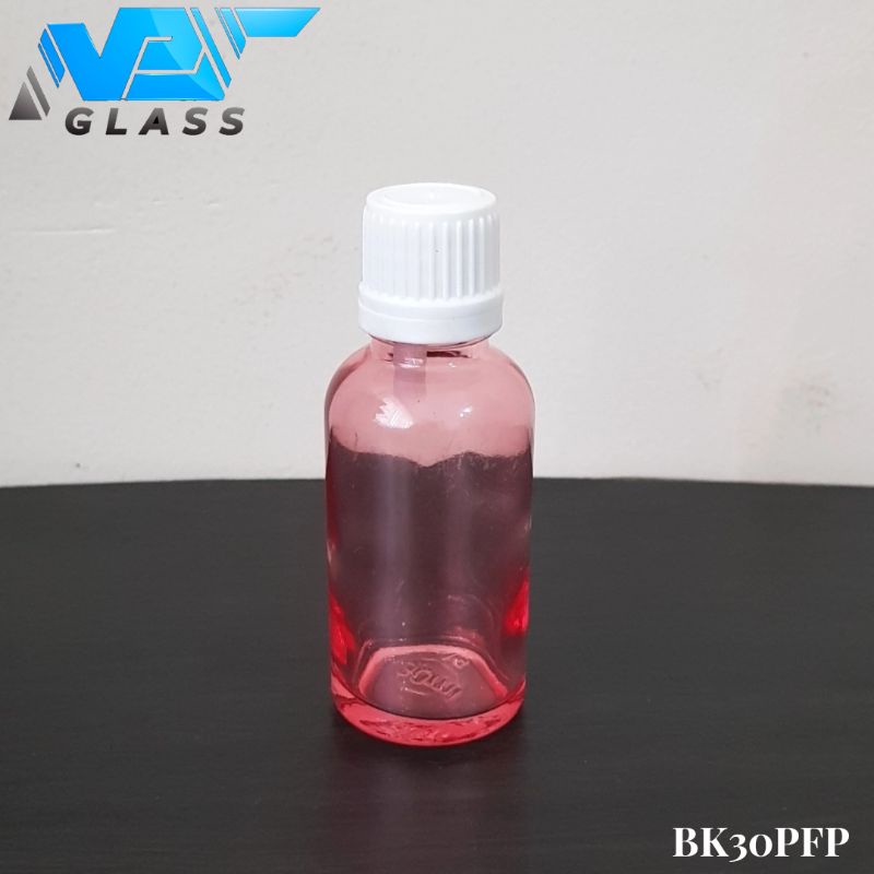 botol kaca 30ml tebal pink clear tutup filler putih