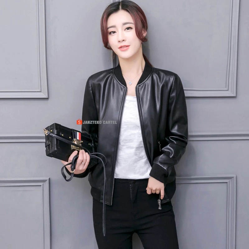 JNK x NURA - Jaket Bomber Wanita Premium Genuine Casual Bahan Semi Kulit Sintetis PU Faux Synthetic 