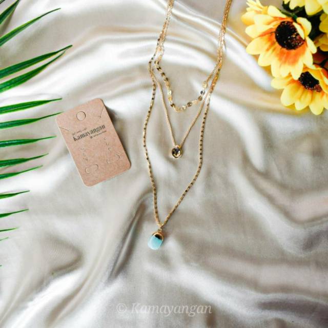 Rianza Necklace | Aksesoris Kalung Liontin Tumpuk Layer Batu Permata Hijau Tosca Emas Murah Cantik