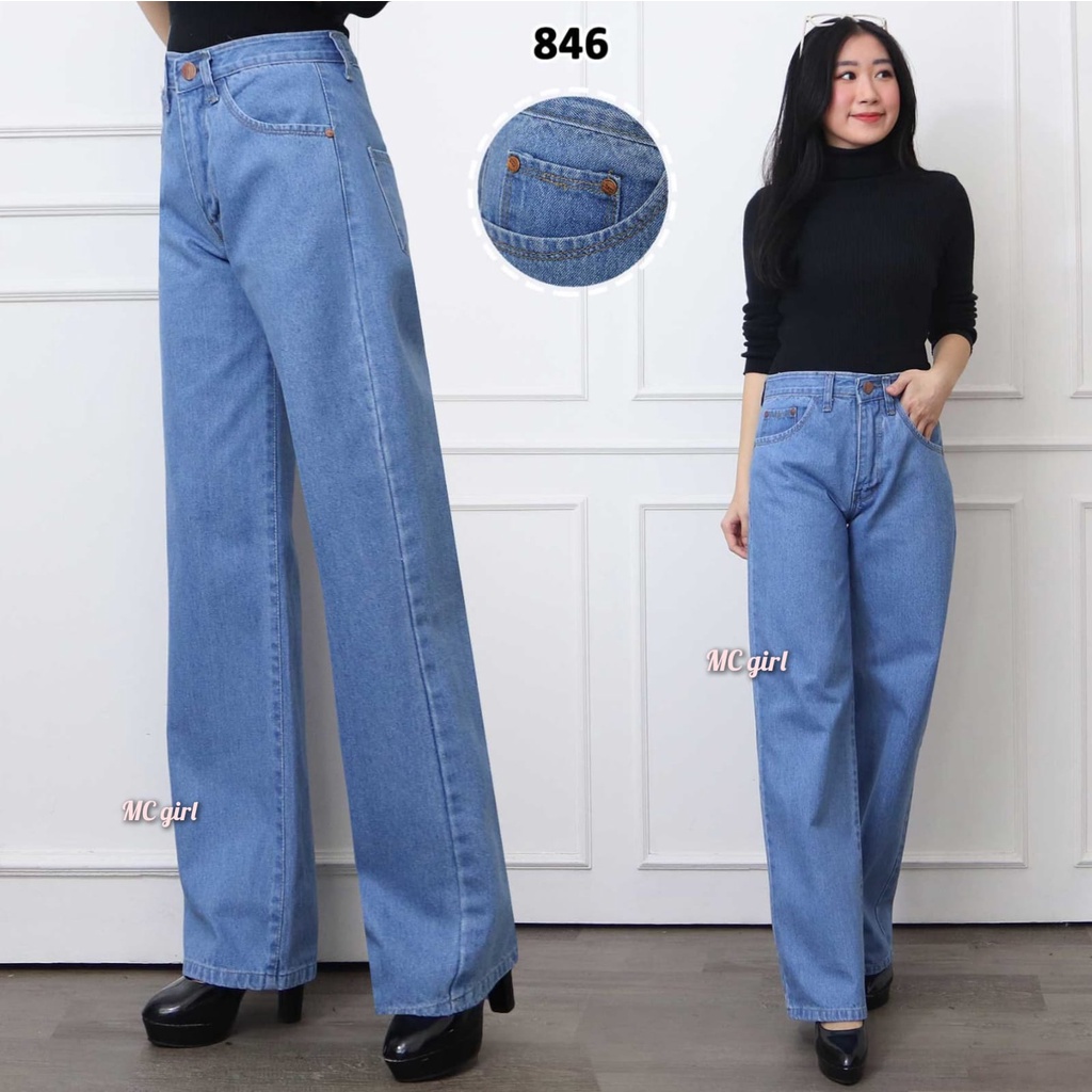 MC girl - Kulot Panjang Jeans Warna Biru Muda Wanita / Celana Jeans Kulot Boyfriend Light Blue / Kaki Lebar