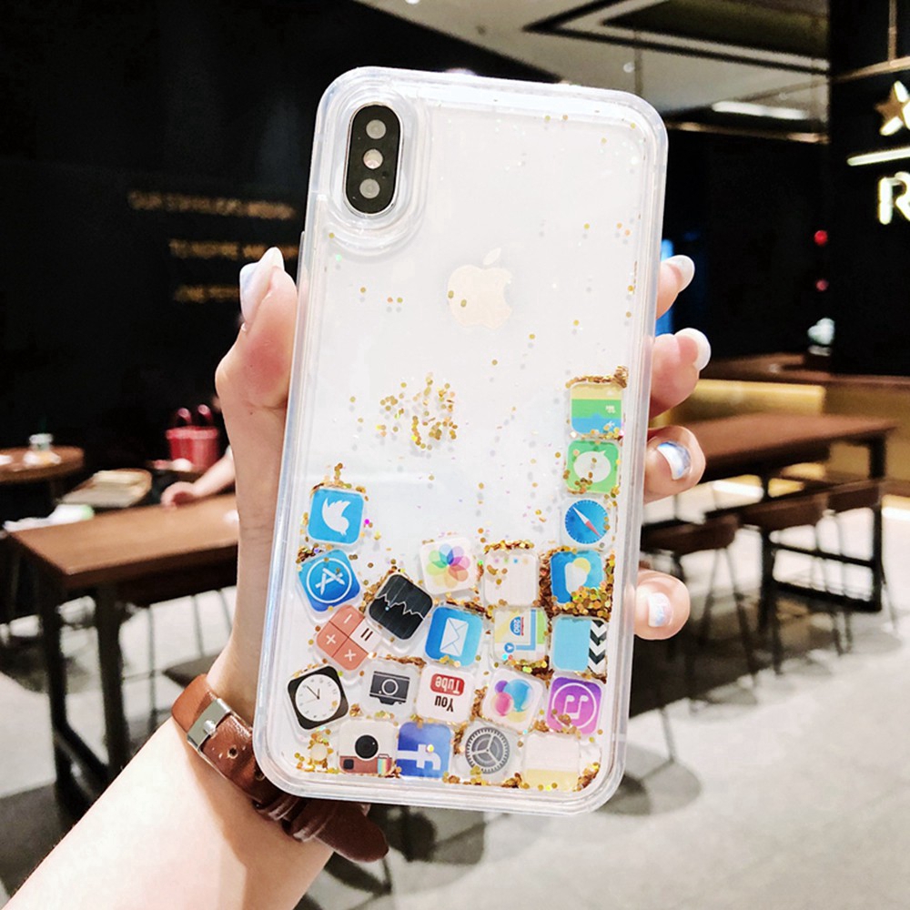 Soft Case Tpu Bening Transparan Aksen Bubuk Glitter Icon Foil Untuk Iphone 11 Pro Xs Max Xr X 11 8 7 6 6s Plus