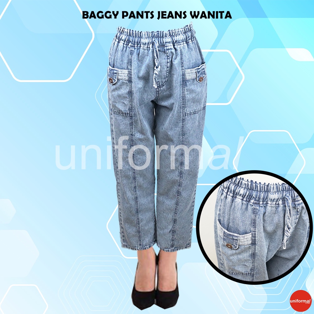 Celana Baggy Pants Jeans Wanita,  Celana Perempuan Pinggang Karet Tali, Celana Wanita Kekinian Saku Depan, Baggy Boyfrend Mid Waist ROSE BAGGY PANTS // BOYFRIEND JEANS SNOW