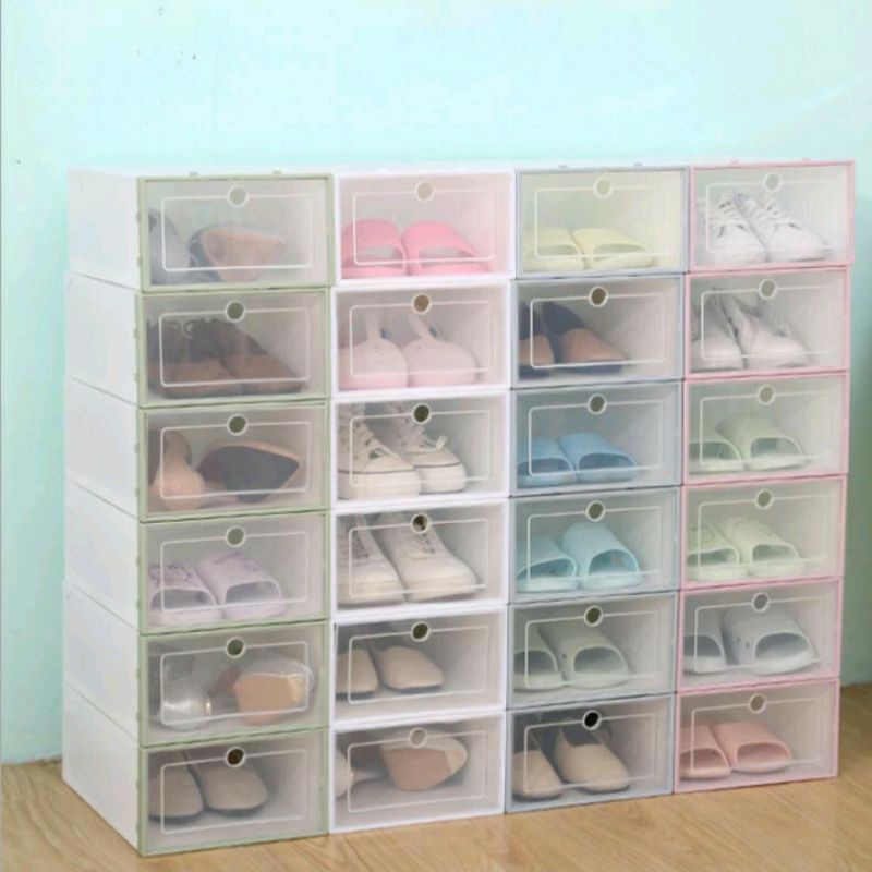 Kotak Tempat Sepatu Lipat Transparan Tebal Shoes Storage Box Organizer Rak Sepatu Plastik Susun warna