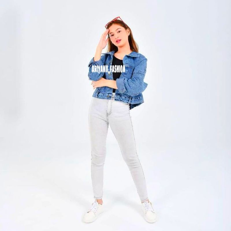 ARN - JAKET JEANS CROP WANITA JACKET JINS DENIM Model KANCING BELAKANG ZARA BARU OVERSIZE CEWEK MURAH KEKINIAN KOREAN Snow