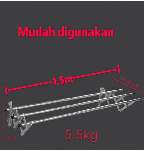 Jemuran 1.5m 1.5 meter 150cm dinding lipat stainless steel tebal