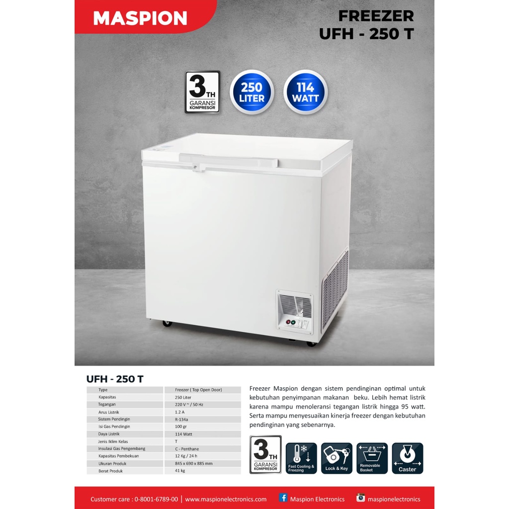 MASPION Chest Freezer UFH-250T / Freezer Box 250 Liter 114 Watt