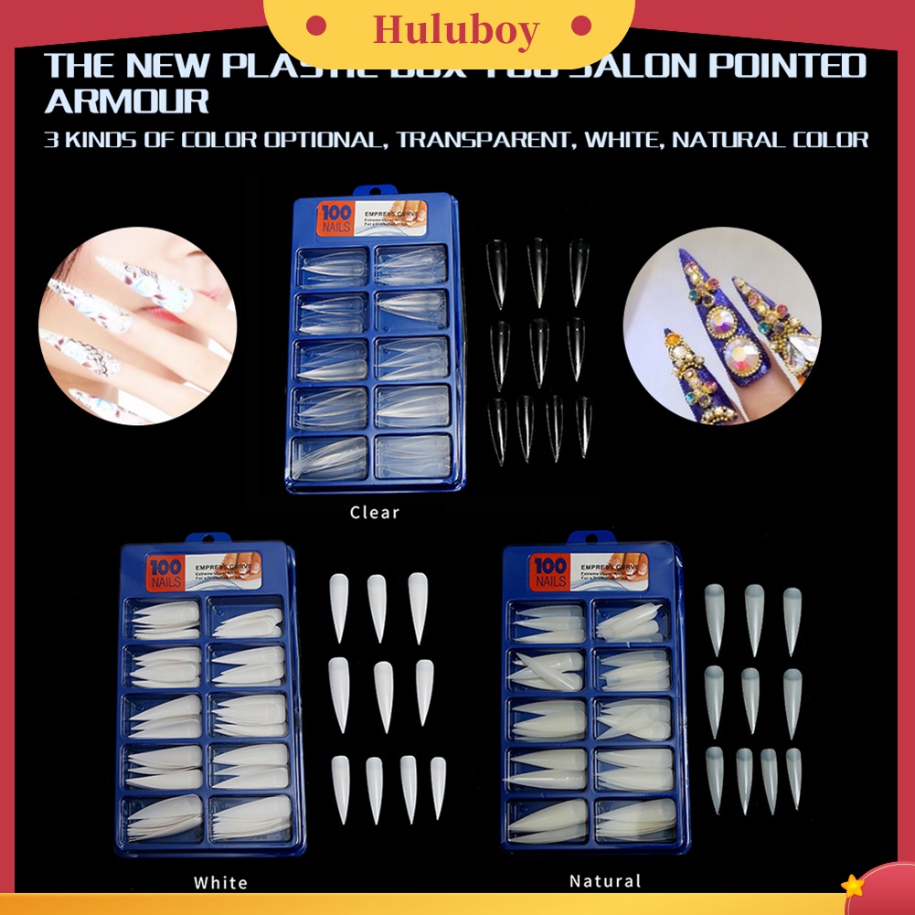 Huluboy Huluboy♡ 100pcs Kuku Palsu Full Cover Bentuk Oval Warna Putih / Transparan
