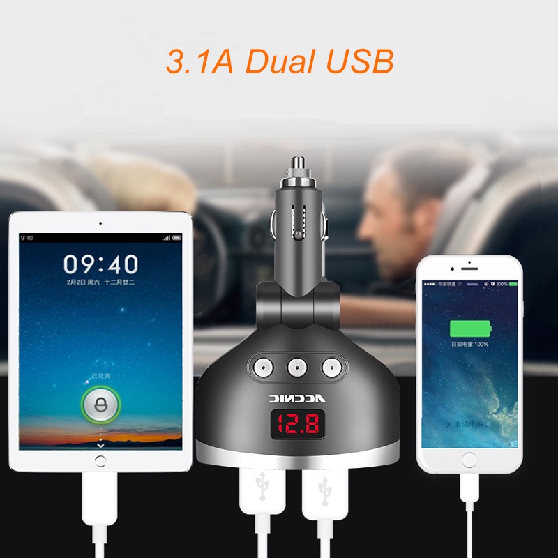Car Charger 2 USB Port + 3 Cigarette Plug 3.4A LCD Display - T3 - Black