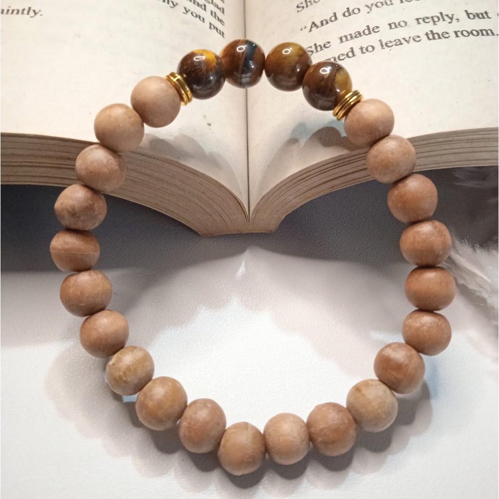 Gelang Batu Original Handmade Kayu Cendana Kombinasi Batu Alam Tiger Eye