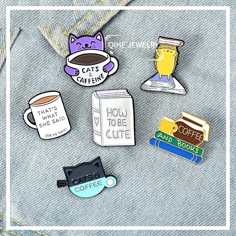 Bros pin Enamel Bentuk Landak / Kucing / Buku / Kopi Untuk Aksesoris Jeans / Tas