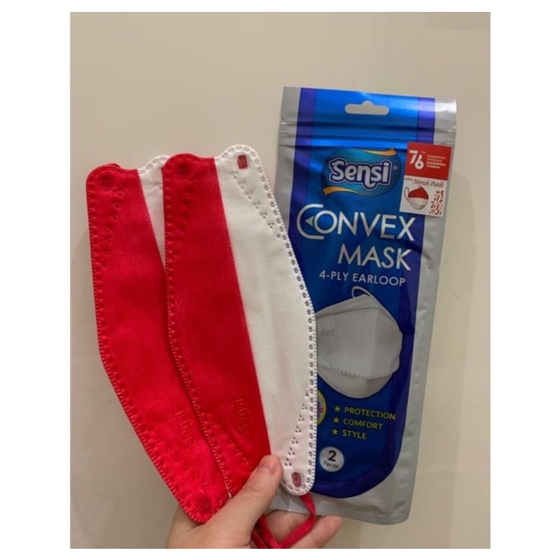 MASKER MEDIS SENSI CONVEX MERAH PUTIH SACHET DUCKBILL  EARLOOP HIJAB