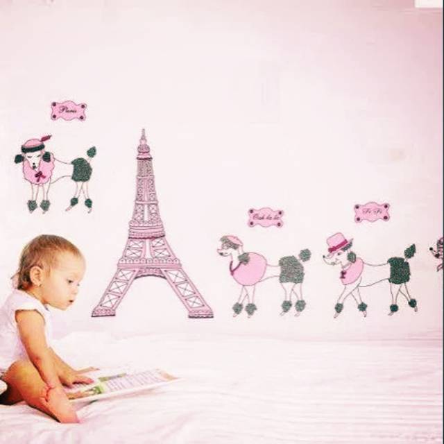 Stiker Dinding Wallpaper 60x90cm Motif Karakter Menara Eiffel Paris Pink Dekorasi Kamar Tidur