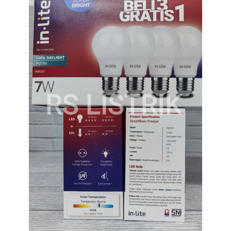 paket 7w 3pc gratis 1pc merk in lite inlite in-lite 7 watt cahaya putih lampu led bulb INB007