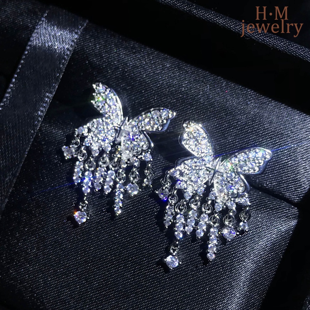 Anting Tusuk Gantung Sterling Silver 925 Desain Kupu-Kupu Hias Berlian Untuk Wanita Butterfly