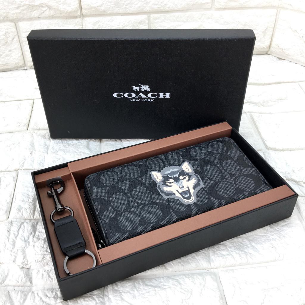 Dompet Panjang Pria Cowok Laki Coach Accordion Zippy Signature Canvas Wolf Print Giftset ORIGINAL
