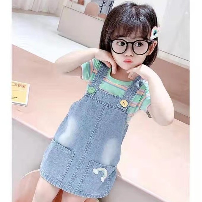 KF CAT Dress Jeans Overall Anak Perempuan Motif Stripe Rainbow Import Pakaian Anak Cewek 9bulan - 3tahun-4