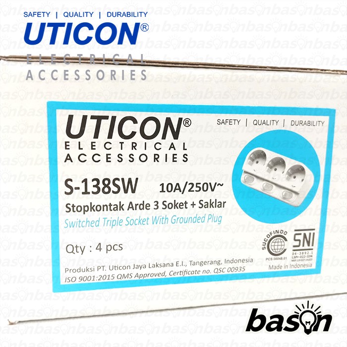 UTICON S138SW - Stop Kontak Arde Triple Socket + Saklar