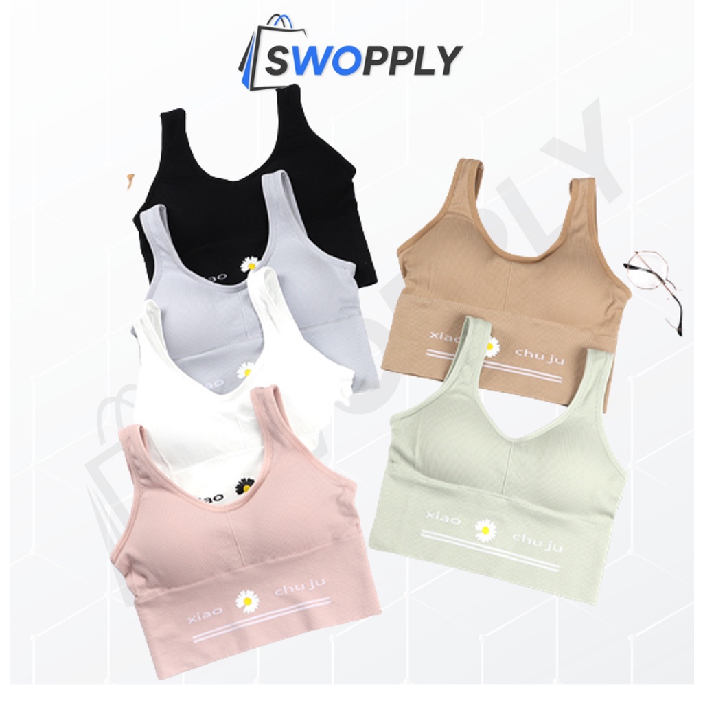 Swopply BRA532 Bra Tanpa Kawat Pakaian Dalam Wanita Polos Motif Bunga Tali Tanktop Crop Bra Olahraga Sportbra Gym