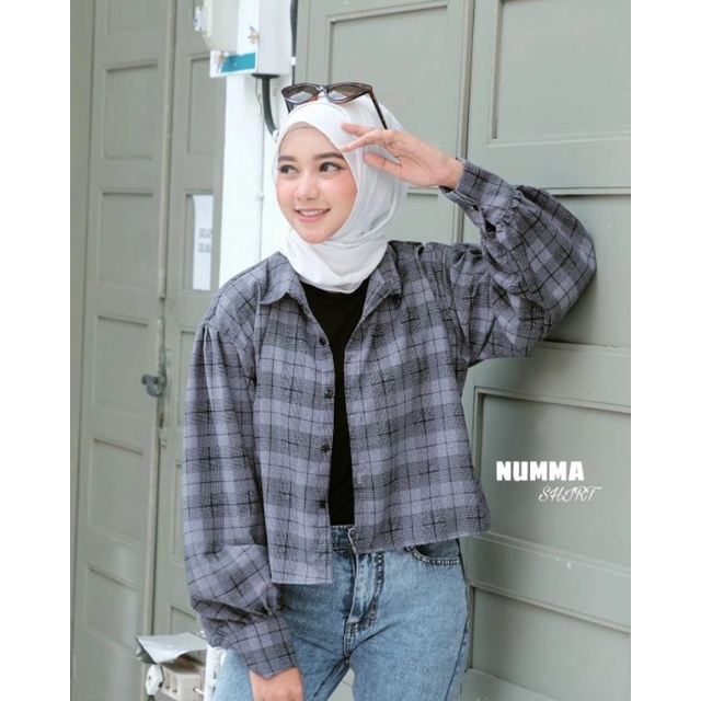 BLOUSE Bisa COD/Bayar ditempat/Gratis Ongkir  || Blouse TARTAN LENGAN BALON MIZU KOREAN STYLE | KEMEJA FLANEL WANITA NUMMA/KEMEJA CROP LENGAN PANJANG TARTAN-Numma Grey