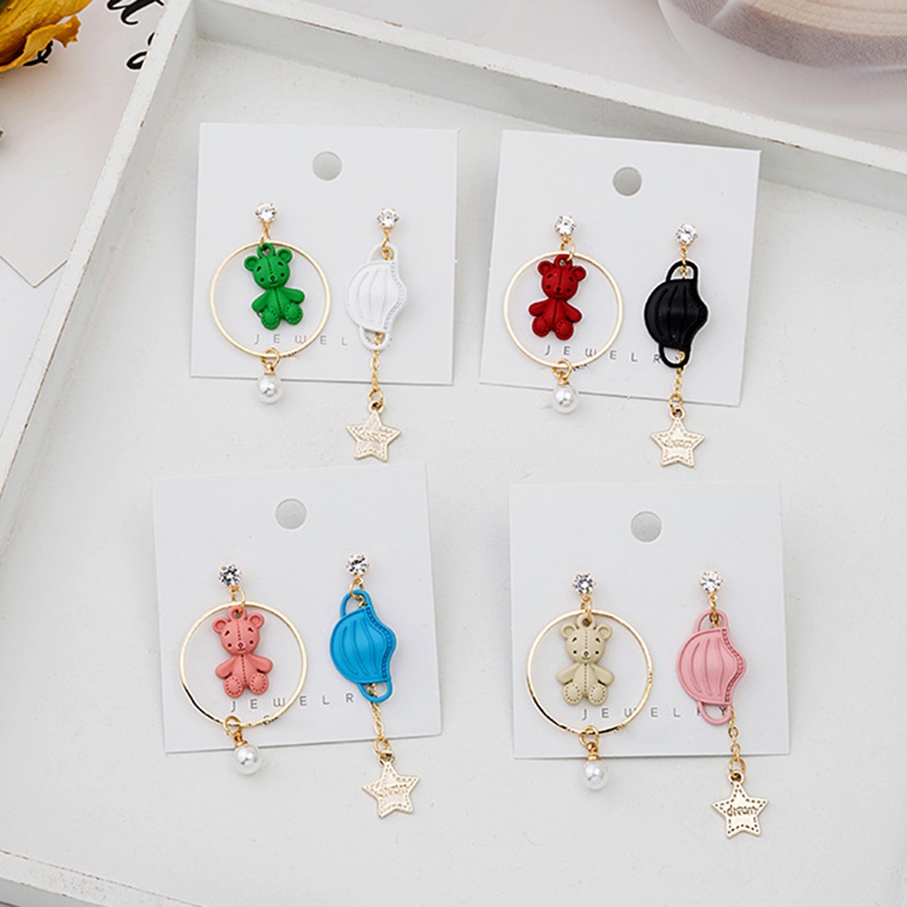 Hu Hu Hu Hu Hu Alat Bantu Pasang Kacamata♡ Anting Tusuk Gantung Wanita Asimetris Desain Beruang + Bintang + Mutiara Imitasi Untuk Hadiah