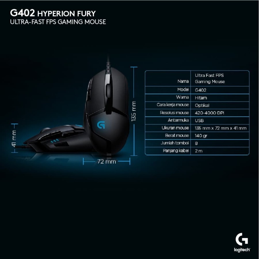 Logitech G402 Mouse Gaming Wired Ultra-Fast FPS