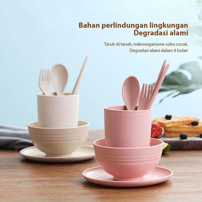 LALUGO set 6 in 1 alat makan cangkir sendok mangkok piring peralatan makan set