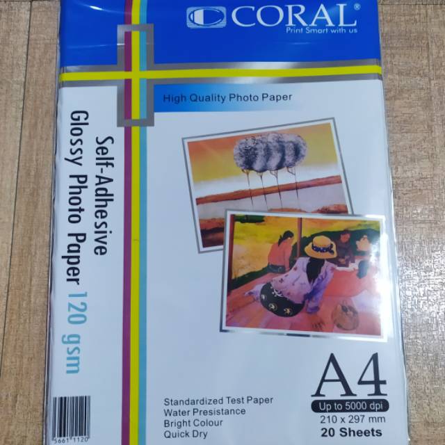 

Self adhesive glossy photo paper merk coral A4 120gsm (isi 20 lembar)