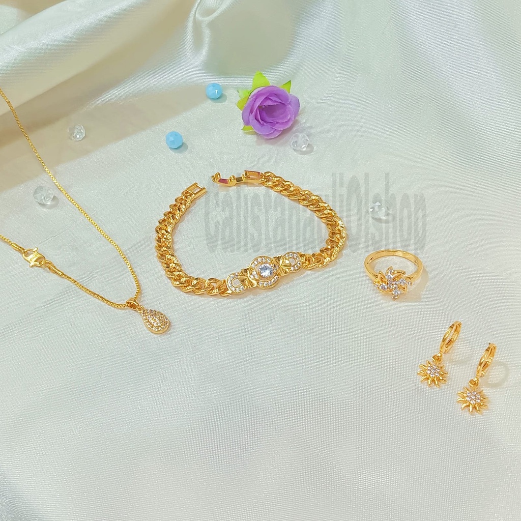 SET DEWASA BUNGA BERJURI ZIRCON PERHIASAN EMAS  KOREA ANTI KARAT DAN ANTI LUNTUR