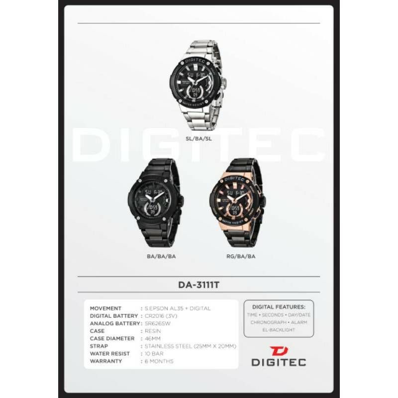 Jam Tangan Cowo Pria Digital Analog Dual Time Stainless Steel Original DIGITEC DA 3111 Water Resist