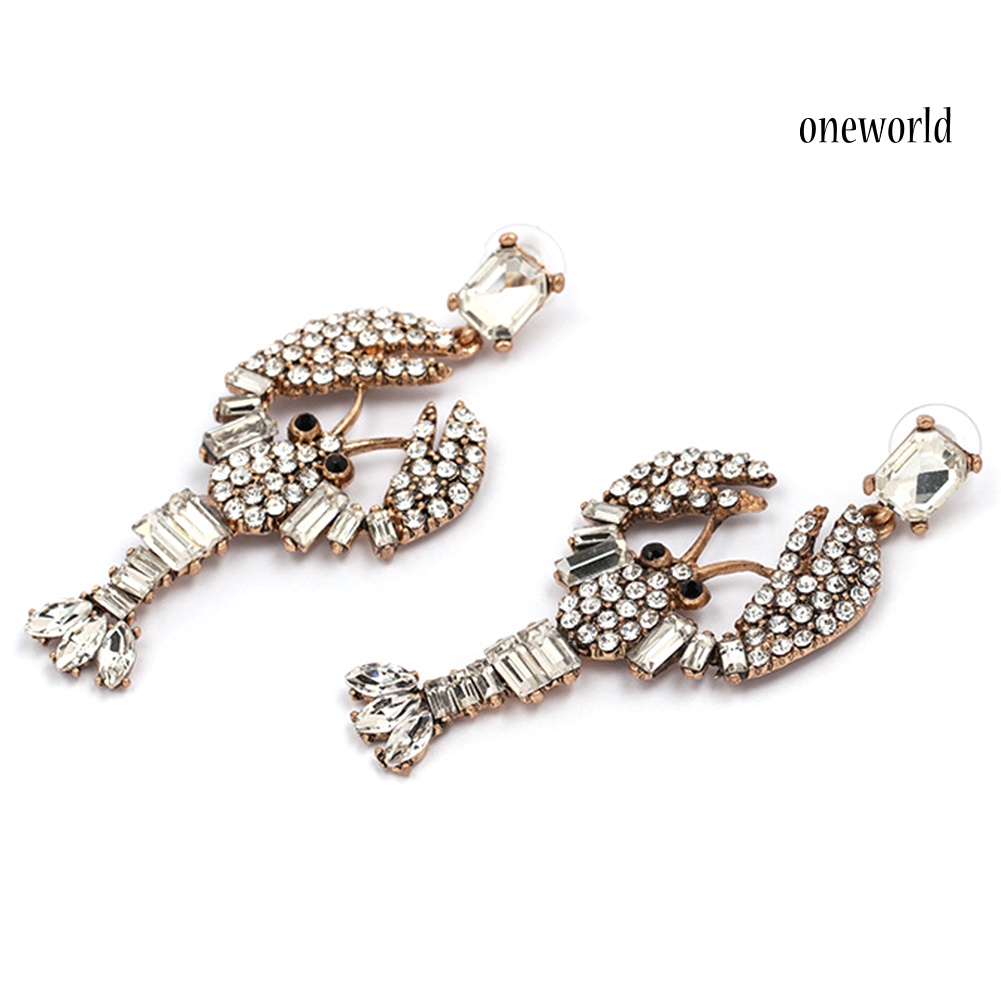 OW@ Creative Women Bling Rhinestone Inlaid Lobster Pendant Statement Stud Earrings