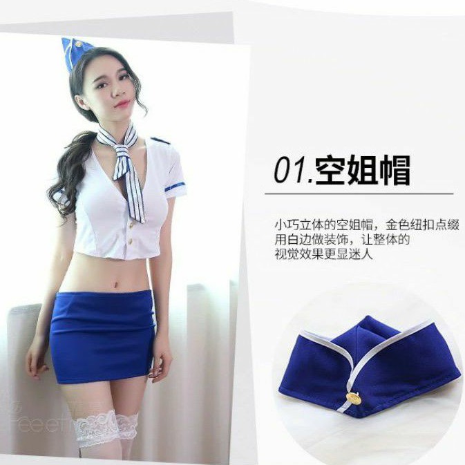 Set Baju Lingerie Seksi Setelan Rok Topi Model Cosplay Pramugari