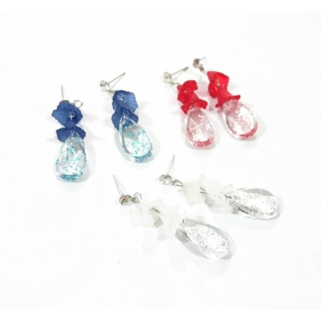 anting panjang 2 bunga resin p2r stainless