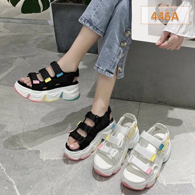 Sendal Gunung Wedges Fashion Wanita Sol Pelangi WA 412 Sandal Tali Rainbow Fahion Kasual Korea (446) Sol Tebal 5 Cm