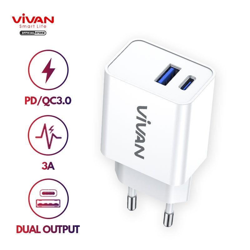 ADAPTOR CHARGER DUAL OUTPUT PD QUICK CHARGE 3.0 3A VIVAN POWER 25