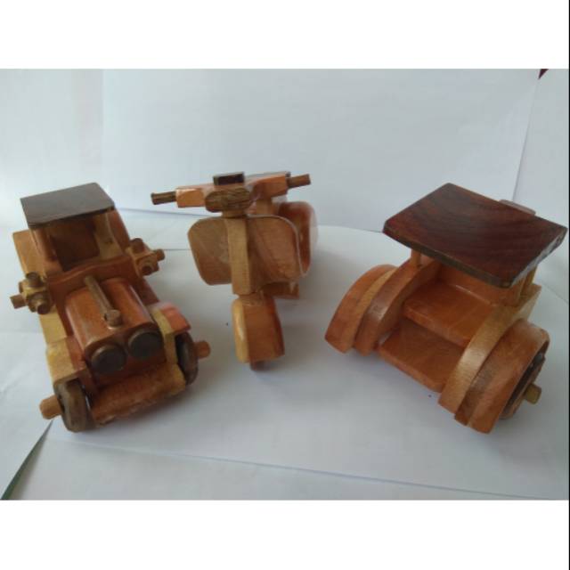 PAKET HEMAT TRIO MINIATUR KAYU UKURAN S BECAK VESPA DAN MOBIL TUA - PAJANGAN DEKORASI RUMAH MURAH
