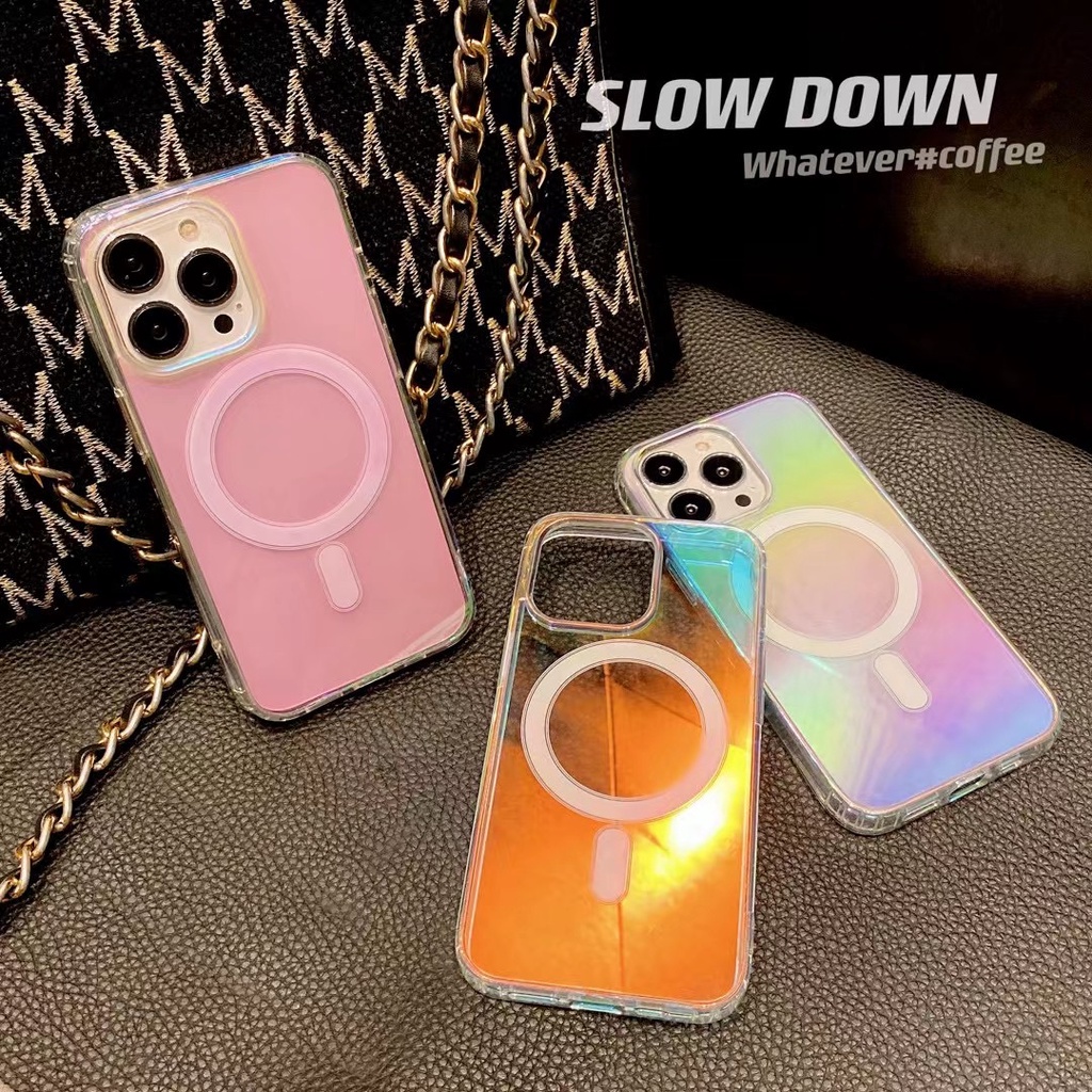 Case Pelindung Model laser Magnetik Warna Gradasi Pelangi Untuk iphone 11 pro max 12 13 14 pro max