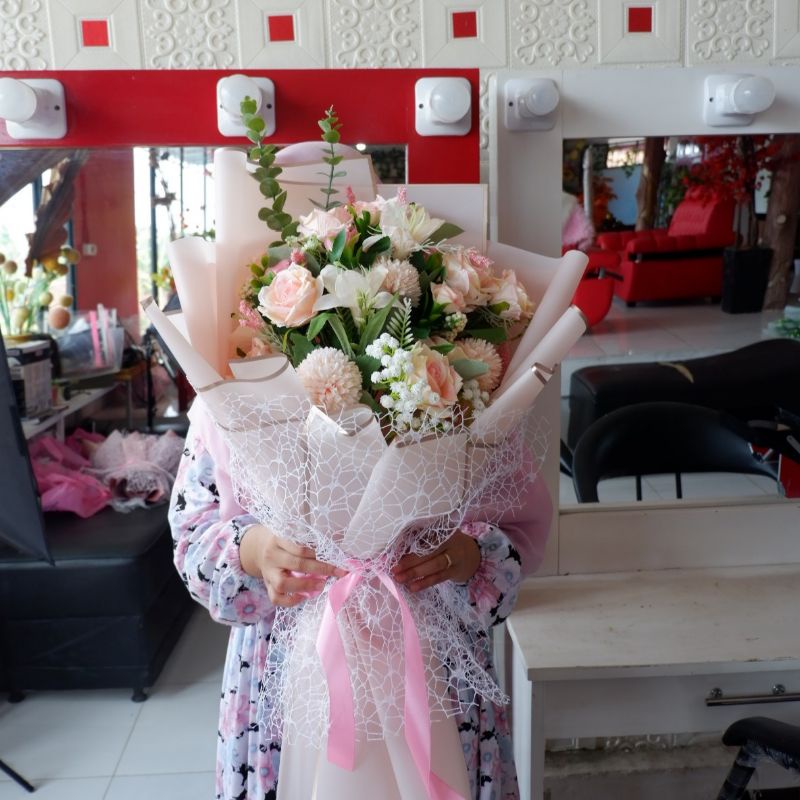Buket Bunga Tunangan Buket Lamaran Artificial Buket Bunga Besar Premium Bouquet Mawar Lily Babybreat