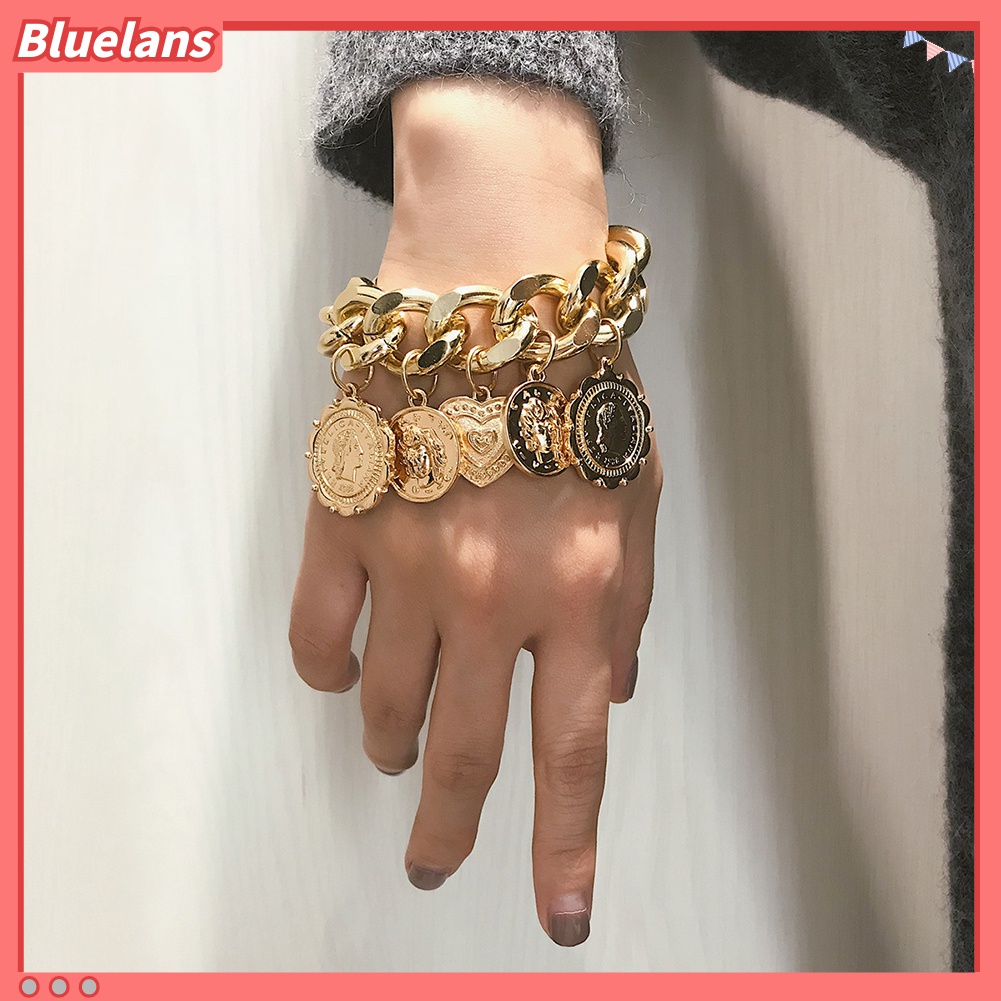 Gelang Rantai Liontin Koin Hati Menjuntai Gaya Hip-Hop Untuk Wanita