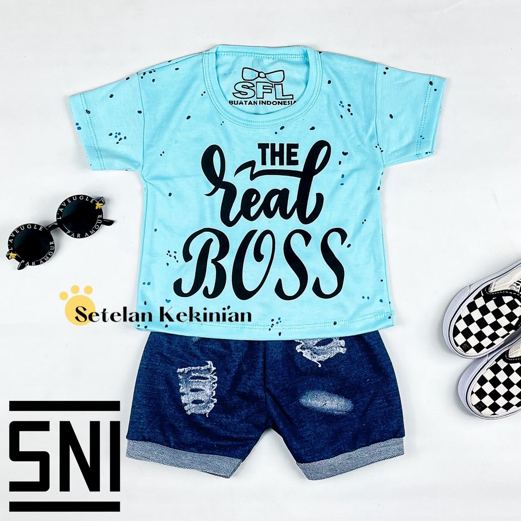 [SK] Set Anak Laki Laki 0-12Bln Baju Oblong Celana Pendek Murah The Real Boss Set Baby Boy Kaos Retro Setelan Bayi Cowok