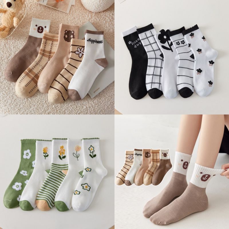 [COD] KAOS KAKI MID SOCK KAOS KAKI PANJANG MOTIF BUNGA BERUANG LUCU CUTE PREMIUM IMPORT TEBAL HALUS KAOS KAKI PANJANG DIATAS MATA KAKI FASHION