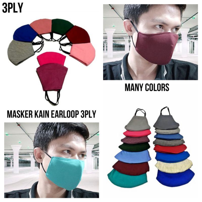 12 pcs- Masker kain 3ply earloop polos warna/masker kain 3 lapis tali karet