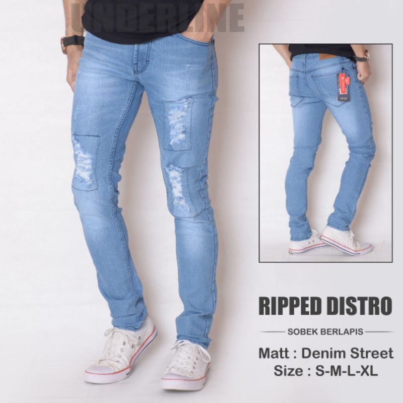 Celana Panjang Jeans Pria Ripped Sobek Tidak Tembus Original Underline Terbaru